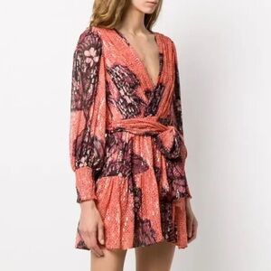 Ulla Johnson Noemi Wrap-Style Metallic Silk Mini Dress Coral 2 NWT